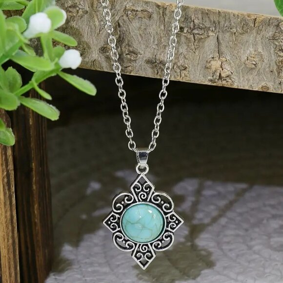 BJ Glamorous Vintage Style Floral Turquoise Gems Retro Necklace/Earring Set - Picture 4 of 7